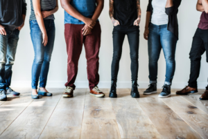 a group of people standing in line